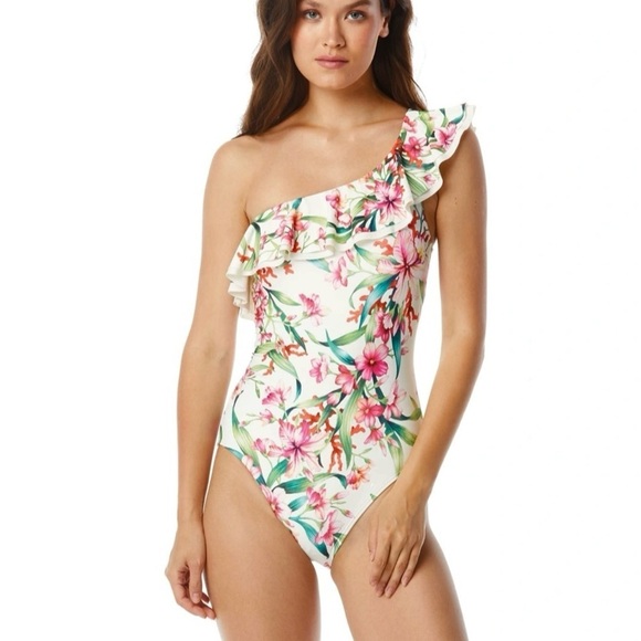 🌻Carmen Marc Valvo Garden Party 1-Shoulder Ruffle 1-Piece Swimsuit Size 10 - Picture 1 of 10